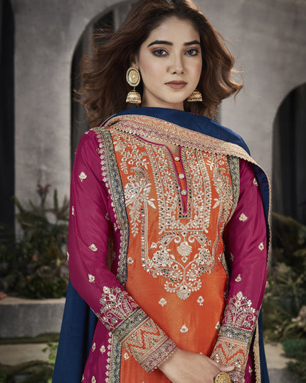 Orange Premium Chinnon Embroidered Palazzo Suit