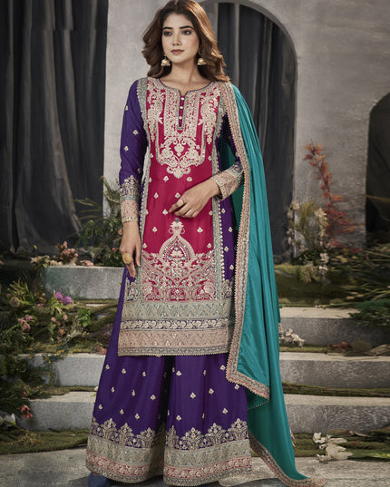 Magenta Premium Chinnon Embroidered Pakistani Suit