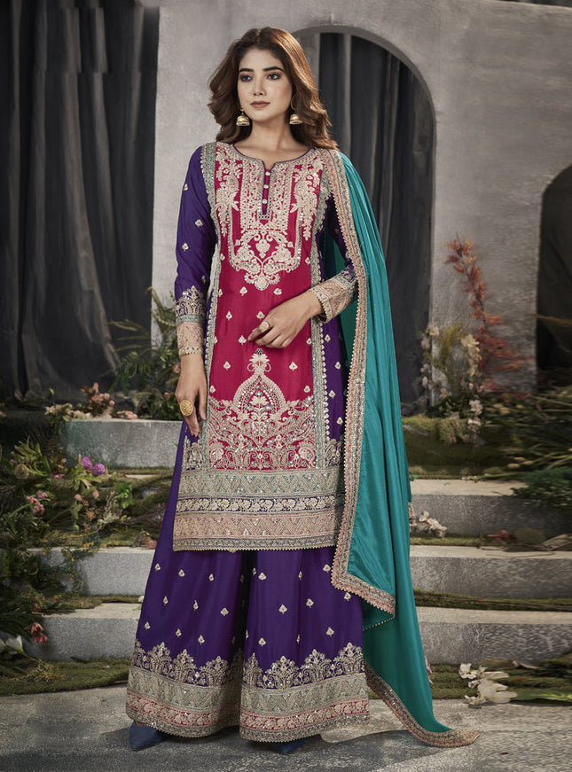 Magenta Premium Chinnon Embroidered Pakistani Suit