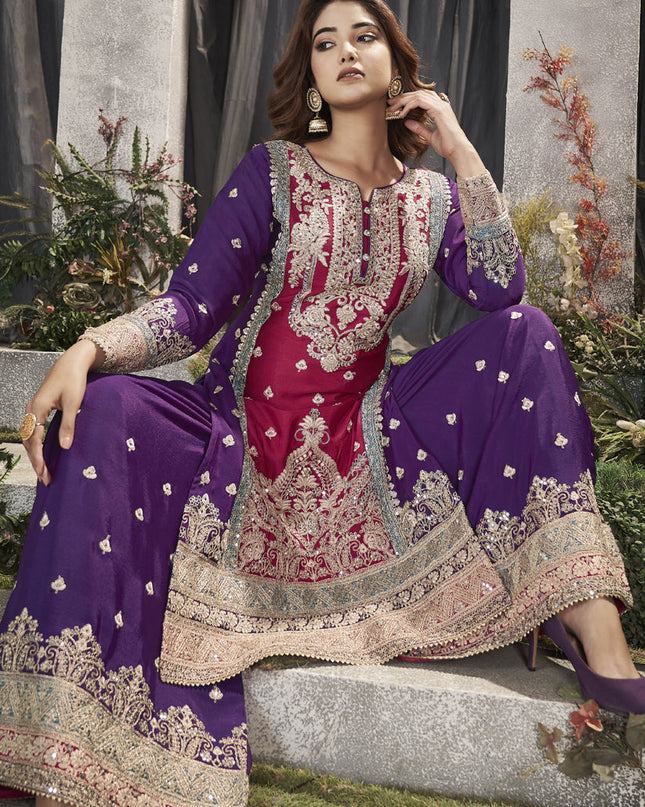 Magenta Premium Chinnon Embroidered Pakistani Suit