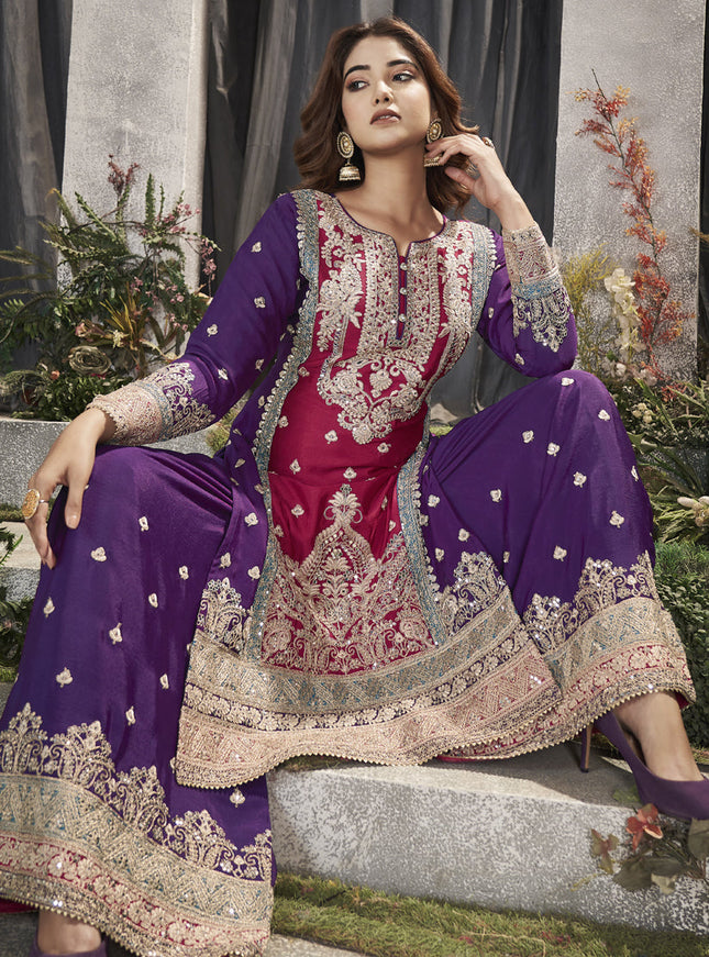 Magenta Premium Chinnon Embroidered Pakistani Suit
