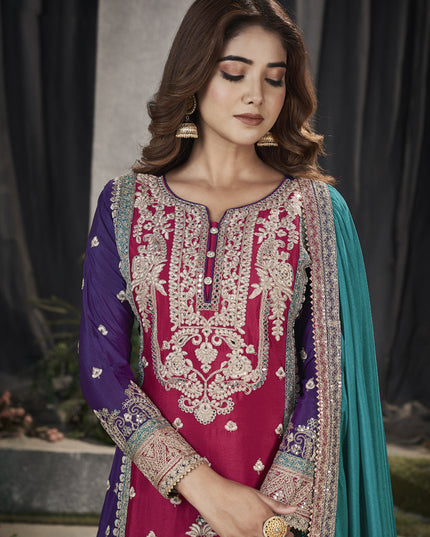 Magenta Premium Chinnon Embroidered Pakistani Suit