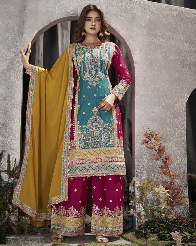 Teal Blue Premium Chinnon Embroidered Pakistani Palazzo Suit