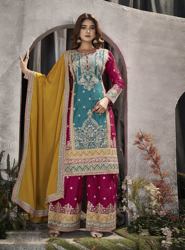 Teal Blue Premium Chinnon Embroidered Pakistani Palazzo Suit