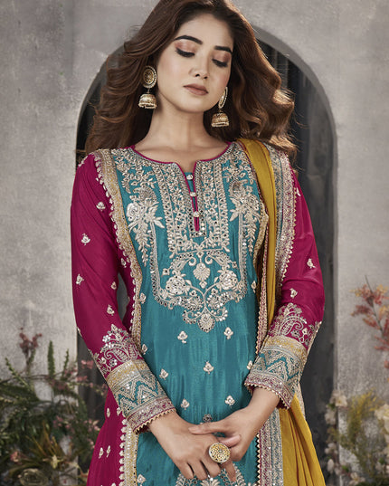 Teal Blue Premium Chinnon Embroidered Pakistani Palazzo Suit