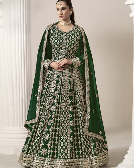 forest green faux georgette embroidered anarkali suit