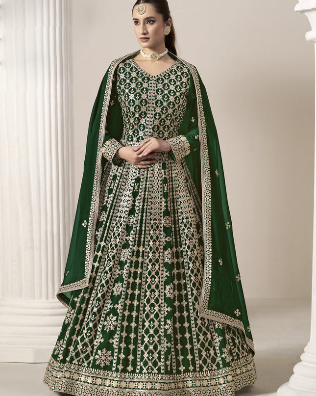 forest green faux georgette embroidered anarkali suit