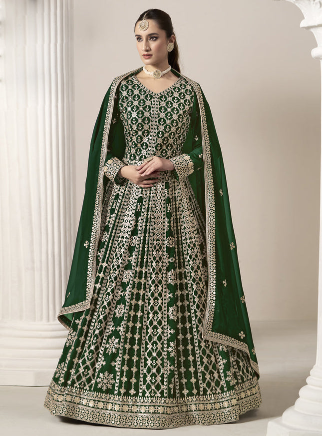forest green faux georgette embroidered anarkali suit