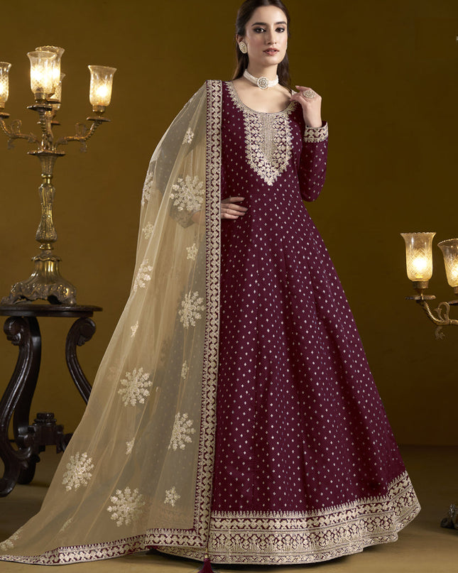maroon chanderi butti embroidered anarkali suit