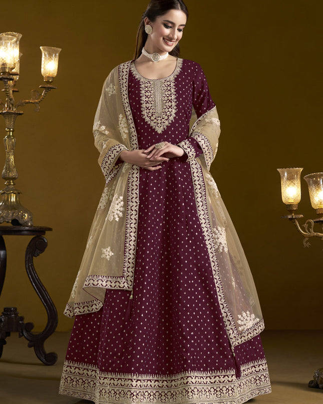 maroon chanderi butti embroidered anarkali suit