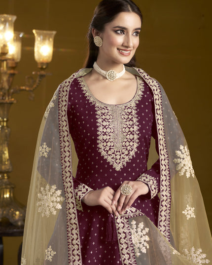 maroon chanderi butti embroidered anarkali suit