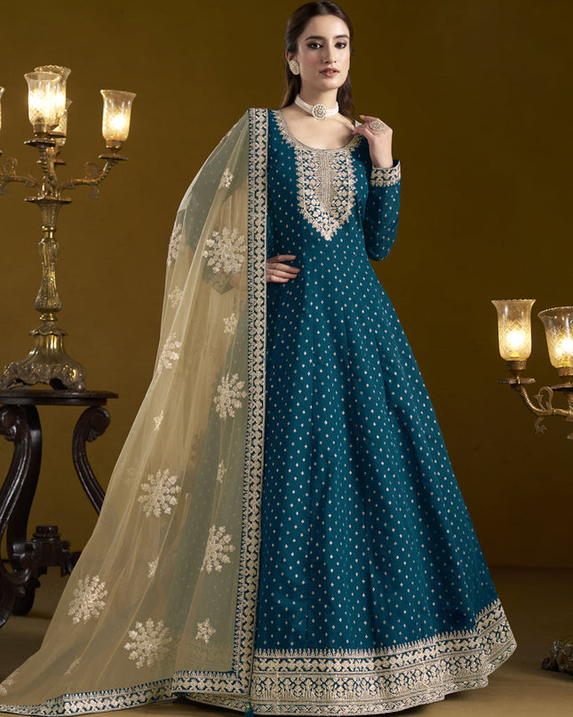 peacock blue chanderi butti embroidered anarkali suit