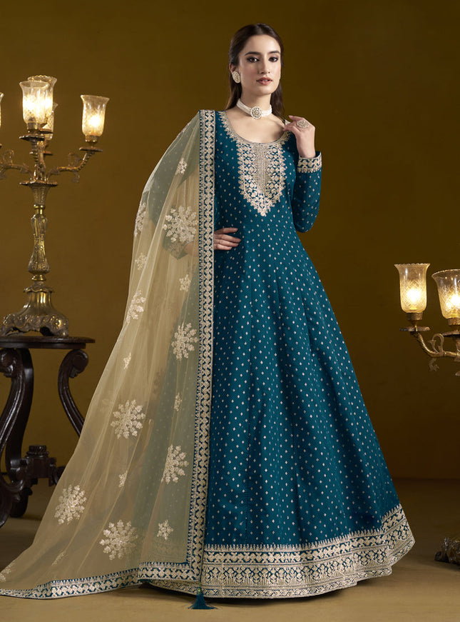 peacock blue chanderi butti embroidered anarkali suit