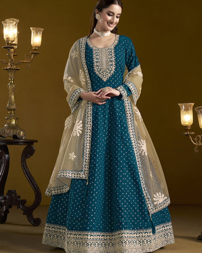 peacock blue chanderi butti embroidered anarkali suit