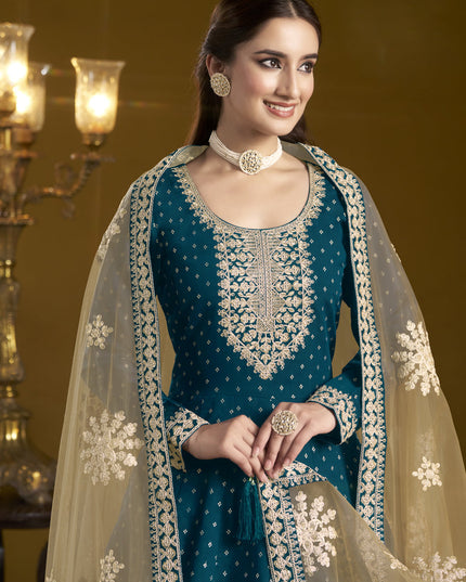 peacock blue chanderi butti embroidered anarkali suit