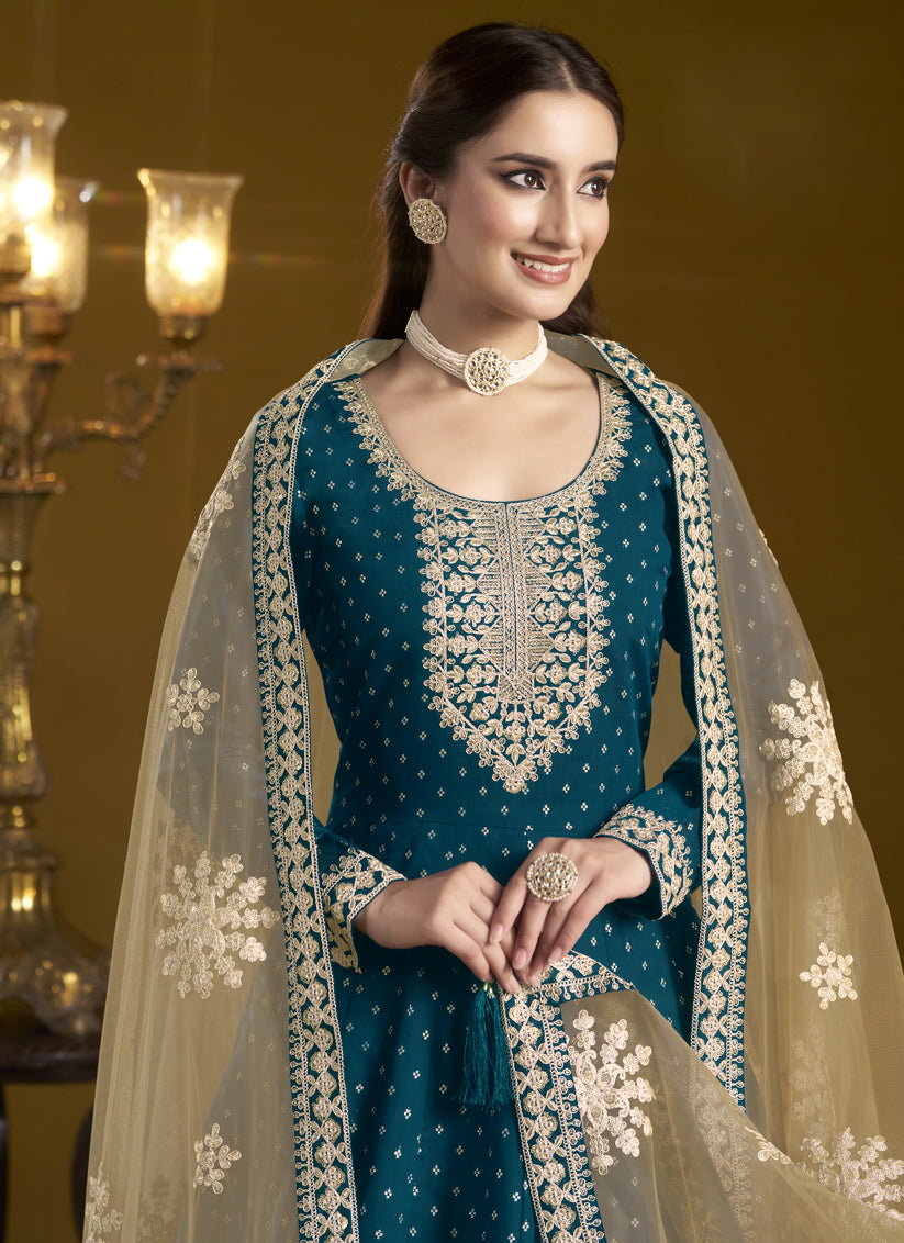 peacock blue chanderi butti embroidered anarkali suit