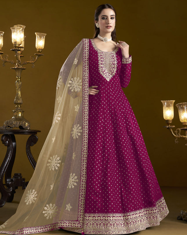 magenta chanderi butti embroidered anarkali suit