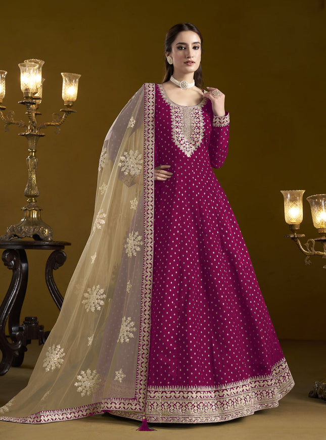 magenta chanderi butti embroidered anarkali suit