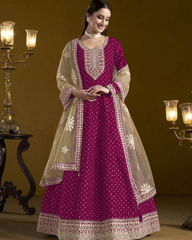 magenta chanderi butti embroidered anarkali suit