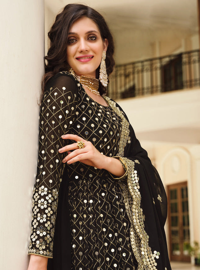 Beautiful Black Georgette Embroidered Pant Kameez