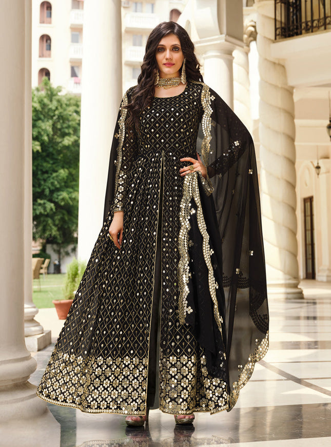 Beautiful Black Georgette Embroidered Pant Kameez