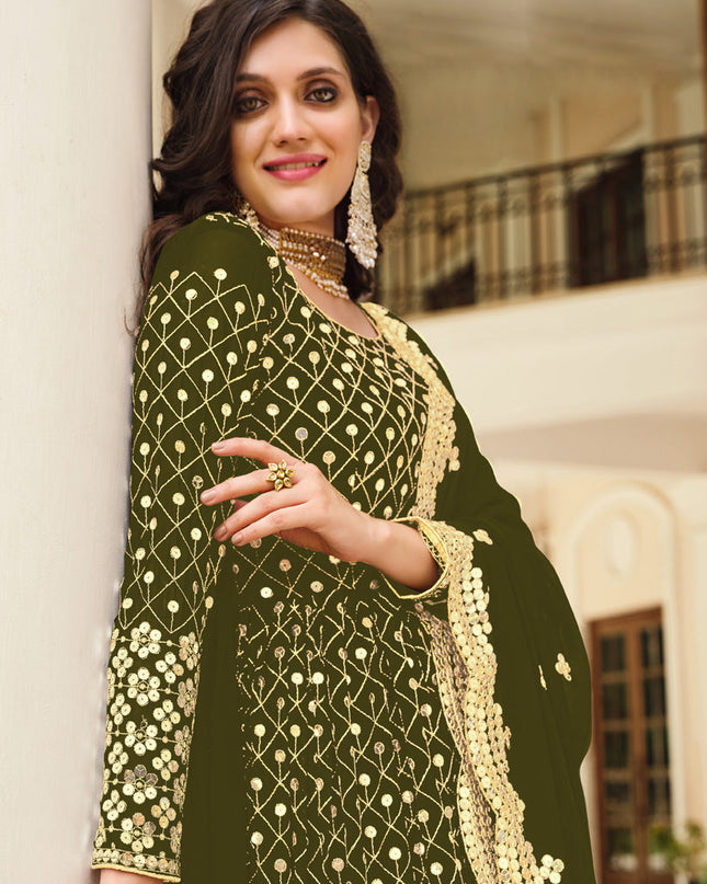 Sleek Mehendi Green Georgette Embroidered Pant Kameez