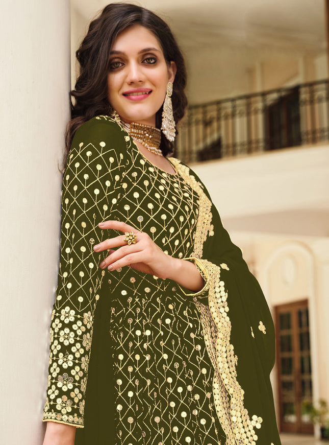 Sleek Mehendi Green Georgette Embroidered Pant Kameez