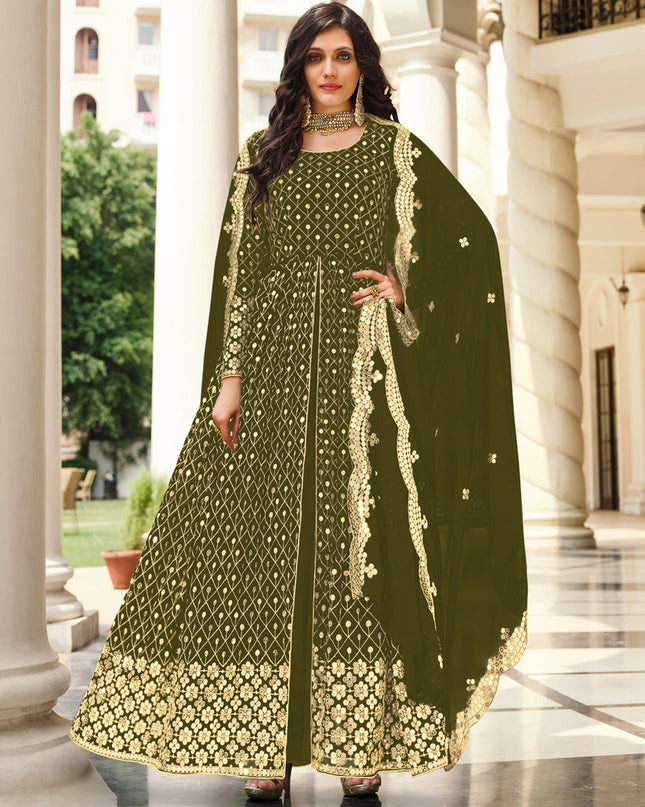 Sleek Mehendi Green Georgette Embroidered Pant Kameez
