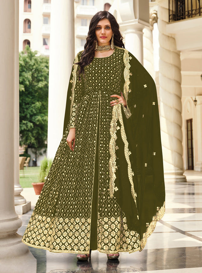 Sleek Mehendi Green Georgette Embroidered Pant Kameez