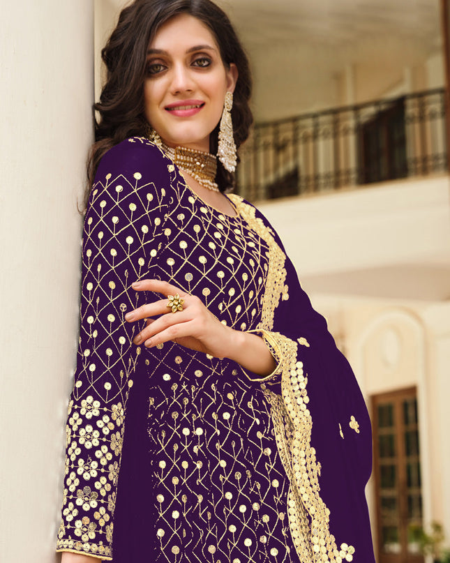 Sophisticated Eggplant Georgette Embroidered Pant Kameez