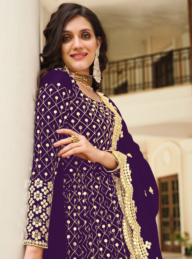 Sophisticated Eggplant Georgette Embroidered Pant Kameez