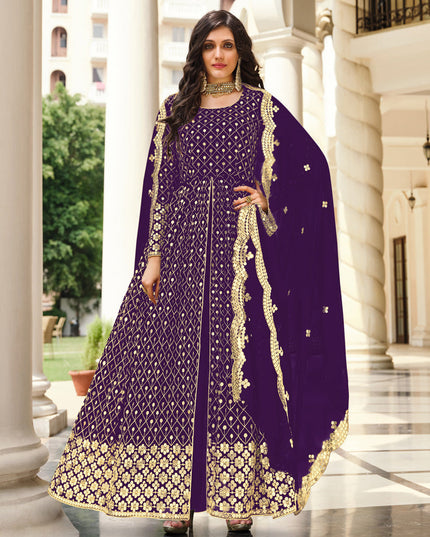 Sophisticated Eggplant Georgette Embroidered Pant Kameez