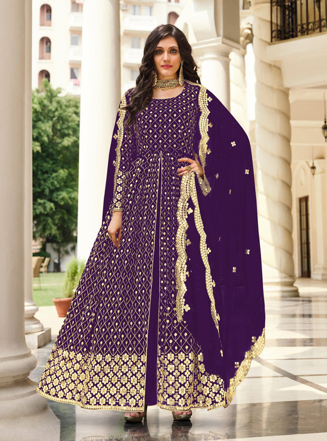 Sophisticated Eggplant Georgette Embroidered Pant Kameez