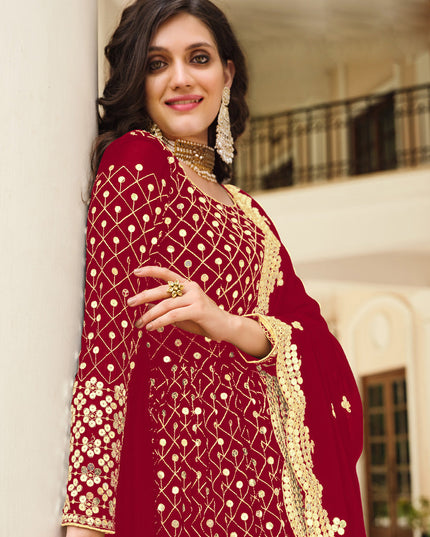 Spectacular Red Georgette Embroidered Pant Kameez