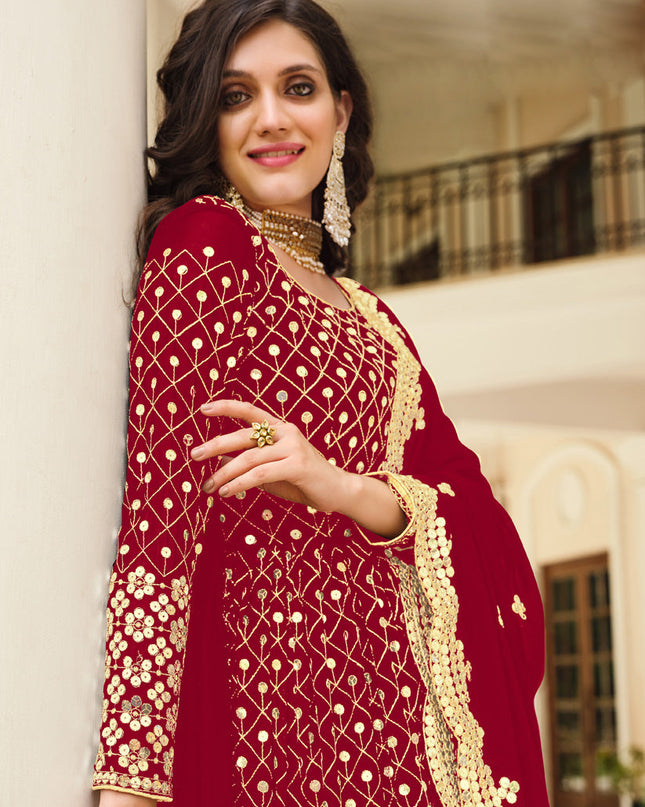 Spectacular Red Georgette Embroidered Pant Kameez