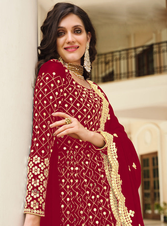 Spectacular Red Georgette Embroidered Pant Kameez