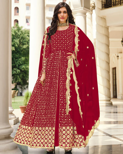 Spectacular Red Georgette Embroidered Pant Kameez