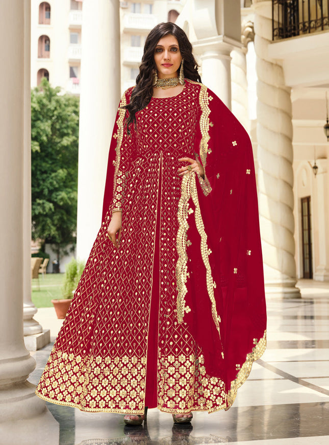 Spectacular Red Georgette Embroidered Pant Kameez