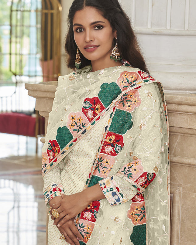 Bewitching Ivory Georgette Embroidered Churidar Kameez