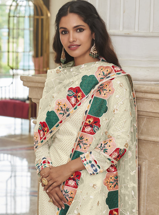 Bewitching Ivory Georgette Embroidered Churidar Kameez