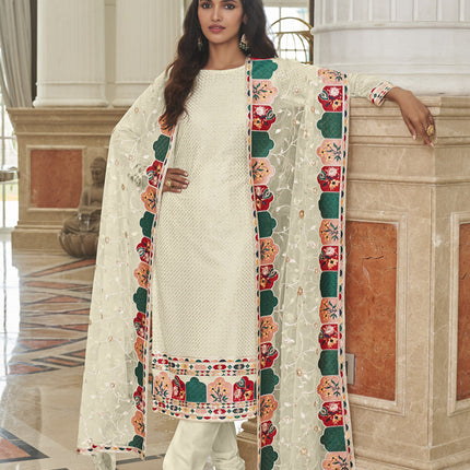 Bewitching Ivory Georgette Embroidered Churidar Kameez
