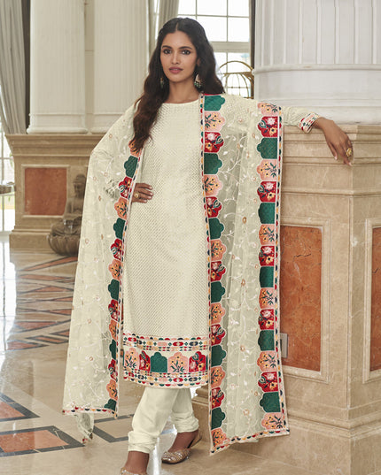 Bewitching Ivory Georgette Embroidered Churidar Kameez
