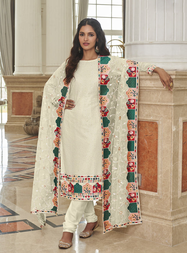 Bewitching Ivory Georgette Embroidered Churidar Kameez