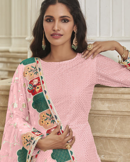 Sweet Rose Pink Georgette Embroidered Churidar Kameez