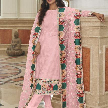 Sweet Rose Pink Georgette Embroidered Churidar Kameez