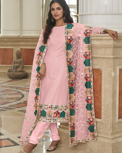 Sweet Rose Pink Georgette Embroidered Churidar Kameez