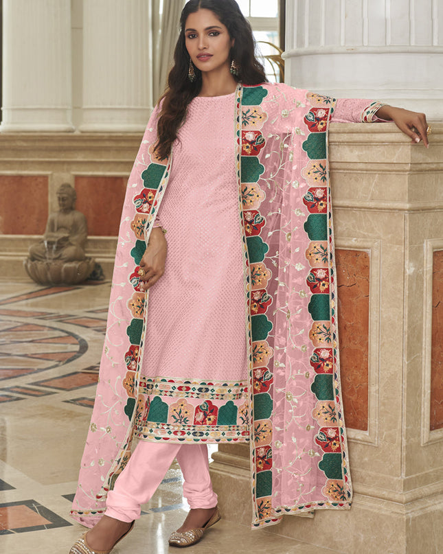 Sweet Rose Pink Georgette Embroidered Churidar Kameez