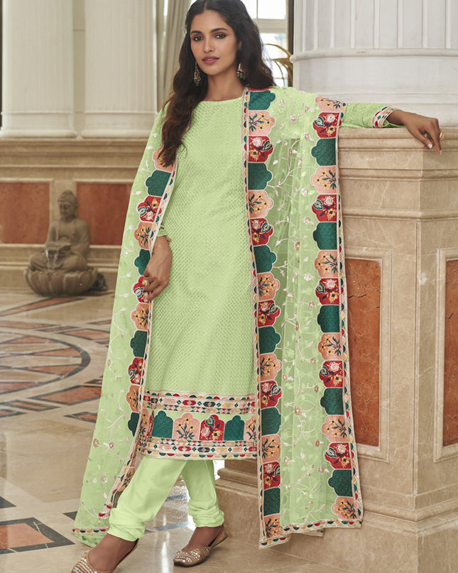 Trendsetting Pistachio Green Georgette Embroidered Churidar Kameez