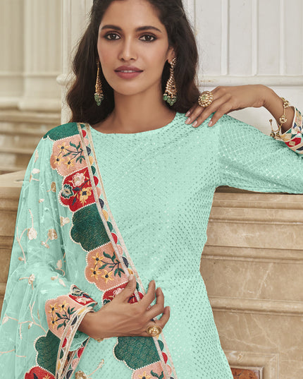 Luxurious Ice Blue Georgette Embroidered Churidar Kameez