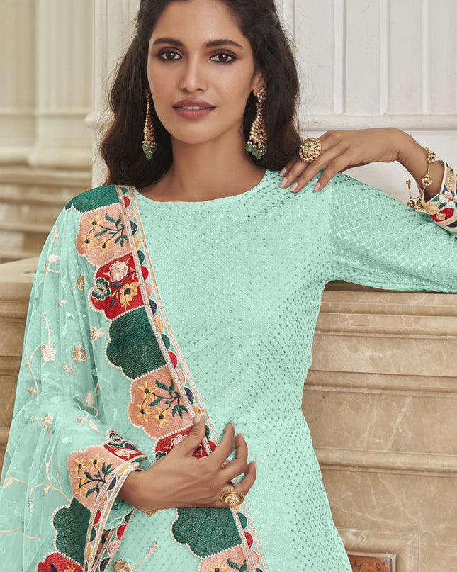 Luxurious Ice Blue Georgette Embroidered Churidar Kameez